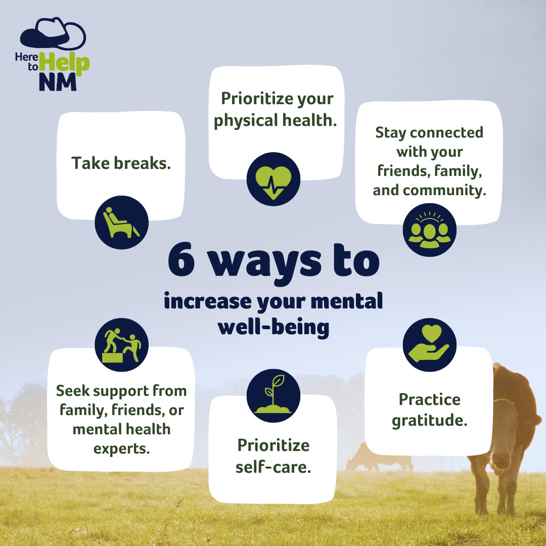 Here to Help graphic that states 'Take breaks, Prioritize your physical health. Stay connected. Seek support, Prioritize self-care. Practice gratitude.'