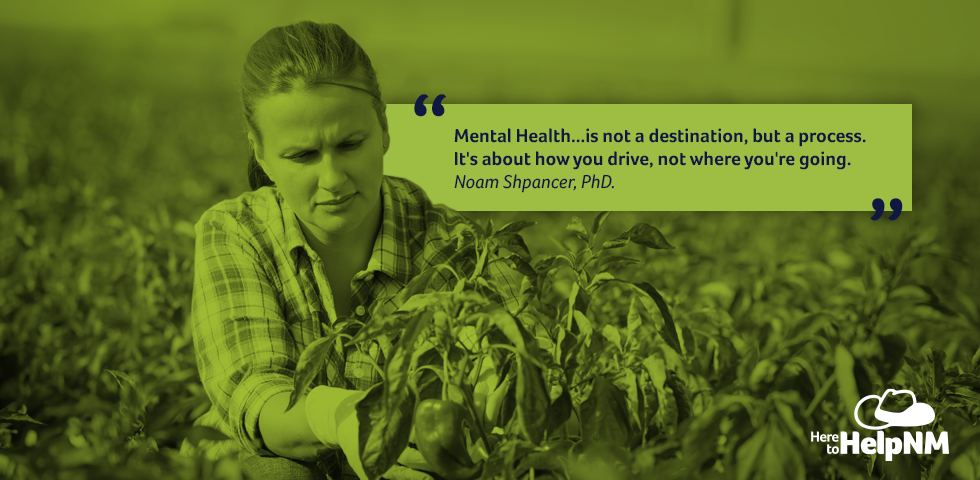 Banner of Here to Help NM with quote that reads 'Mental Health is not a destination, but a process. It's about how you drive, not where you're going'